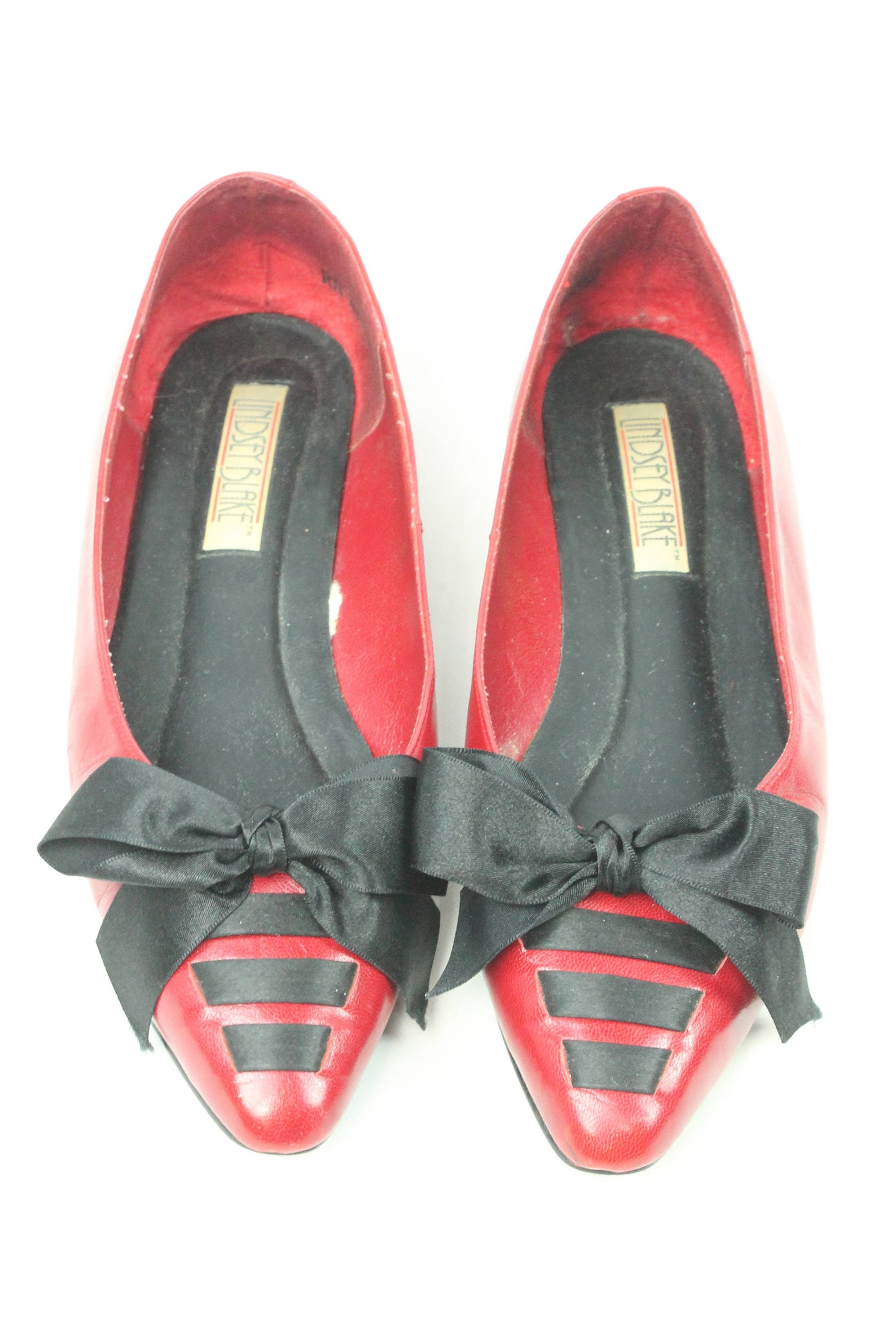 vintage 80s ballet flats red leather satin bows pointed toe slip ons 1980s size 8 shoes pumps lindsey black