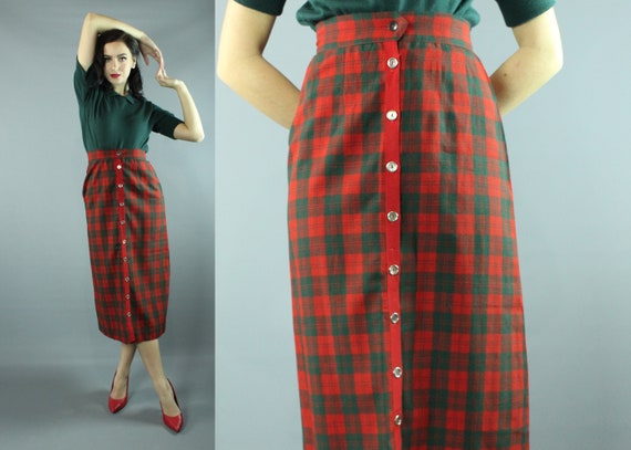 50's Red Green Plaid Pencil Skirt Small S - image 1