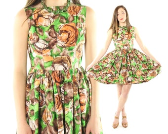 60's Full Printed Dress Small S