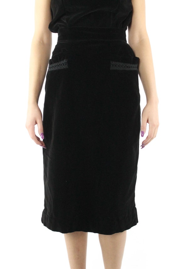 50's Black Velvet Pencil Skirt Small S - image 3