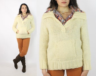 70's Ivory Wool Pullover Sweater Medium M