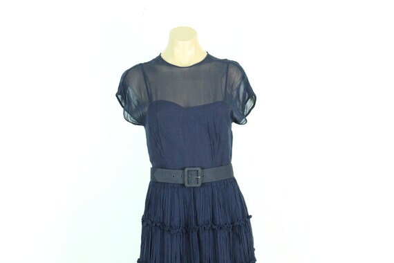 Vintage 40's Navy Blue Chiffon Dress Small S - image 2