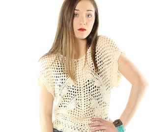 Vintage 70's Beige Crochet Sweater  Small S