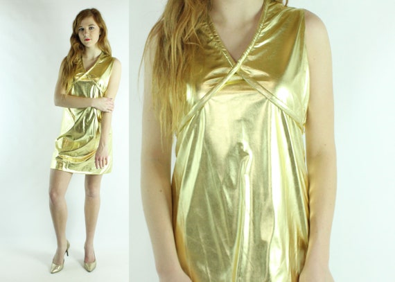 60's Gold Metallic Mini Dress Medium M - image 1