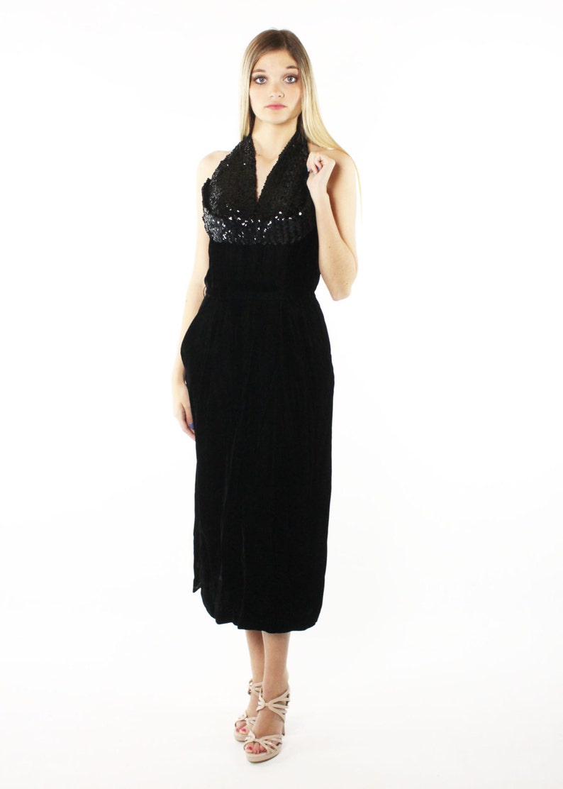 40's Black Velvet Party Dress Small S image 2