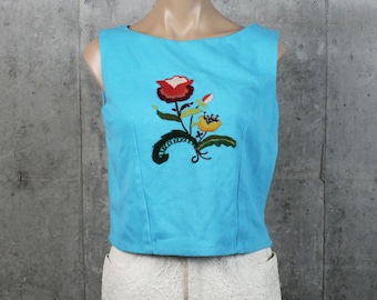 60's Embroidered Blouse Sleeveless Top Small S