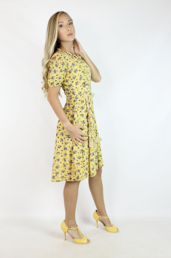 Vintage 40's Yellow Floral Dress XS X-Small S Sma… - image 5