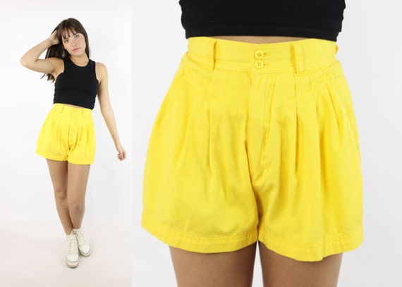 Vintage 90's Bright Yellow Pleated Shorts 1990's … - image 1