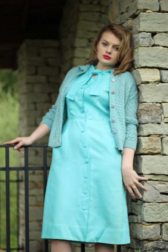 50's Aqua Linen Ascot Dress Medium M - image 8