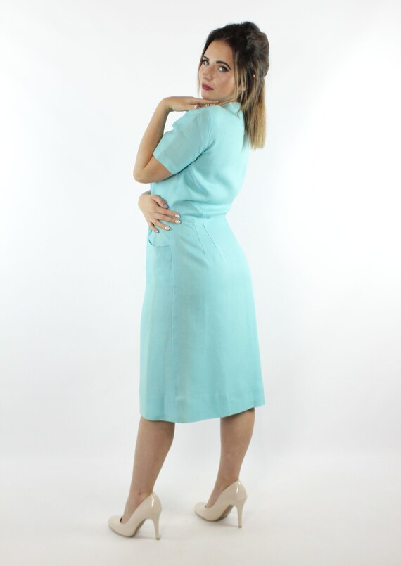 50's Aqua Linen Ascot Dress Medium M - image 5