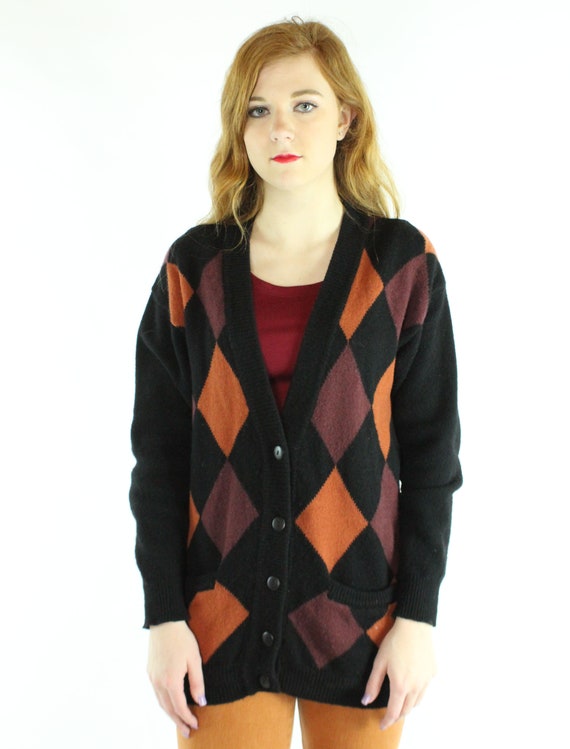 Argyle Knit Cardigan Sweater 1980's Medium M - image 4