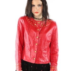 Vintage 90&#39;s Red Leather Jacket Gold Studs 1990&#39;s Medium M