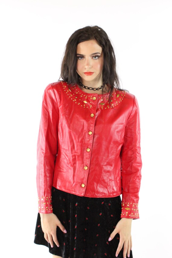 Vintage 90's Red Leather Jacket Gold Studs 1990's… - image 3