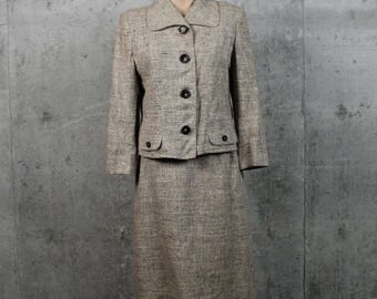 Vintage 50er Tweed Meliert Anzug Small S Braun Jacke Rock