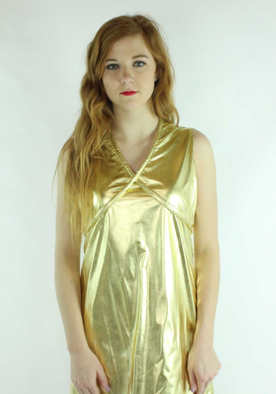 60's Gold Metallic Mini Dress Medium M - image 3