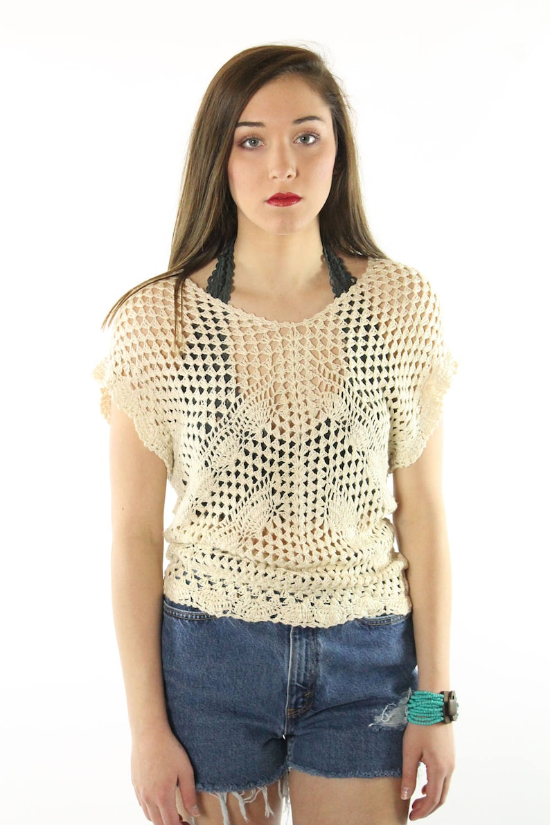 Vintage 80s Beige Crochet Pullover Sweater Jumper 1980s Small Etsy