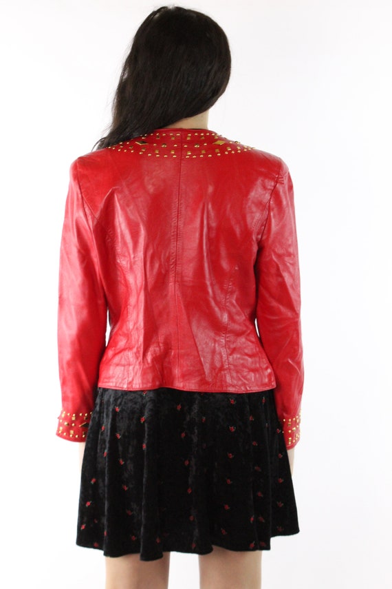 Vintage 90's Red Leather Jacket Gold Studs 1990's… - image 5