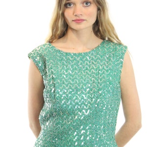 60&#39;s Sequin Blouse Turquoise Large L