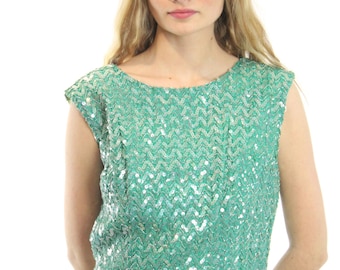60's Sequin Blouse Turquoise Large L