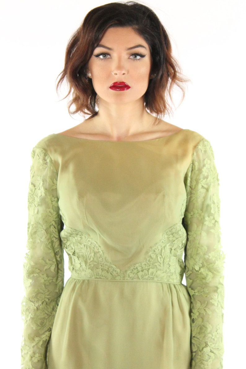 60's Green Party Dress Medium M image 3