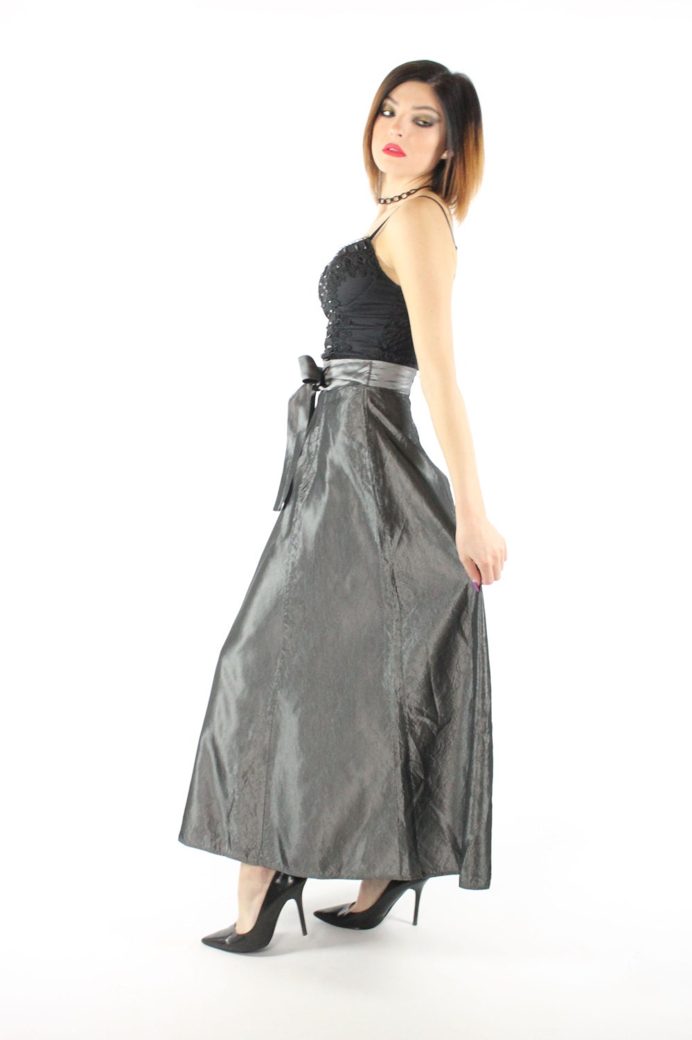Vintage 80s Maxi Skirt Slate Metallic Full High Waisted 1980s | Etsy