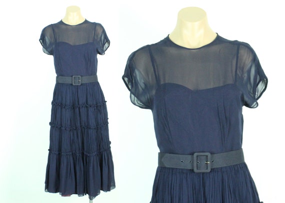 Vintage 40's Navy Blue Chiffon Dress Small S - image 1