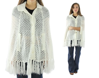 70s Crochet Blanket Cape  Medium M