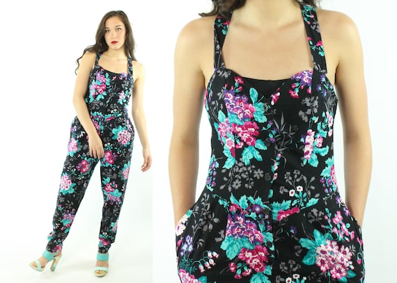 80's Floral Jumpsuit Romper Vintage 1980's Small S