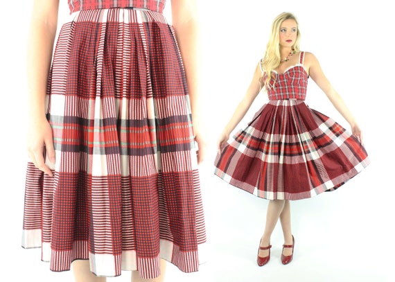 Vintage 50's Full Red Plaid Skirt Small S - image 1