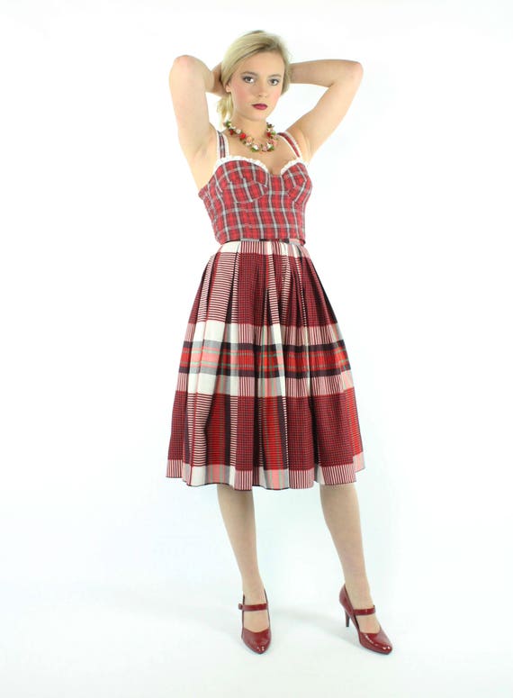 Vintage 50's Full Red Plaid Skirt Small S - image 2