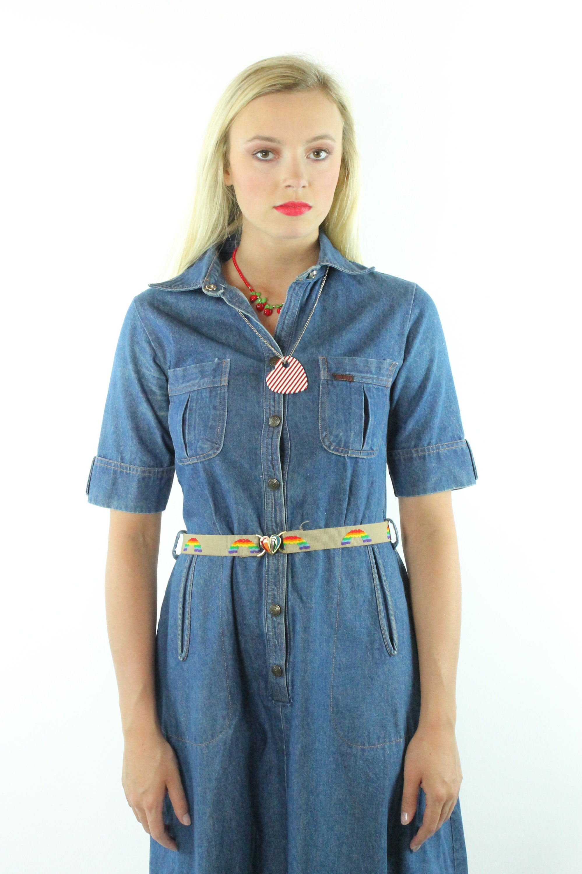 80s Blue Denim Dress Short Sleeves 
