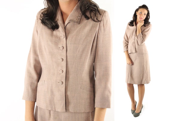 Vintage 40s Suit Dusty Rose Beaded Jacket High Wai
