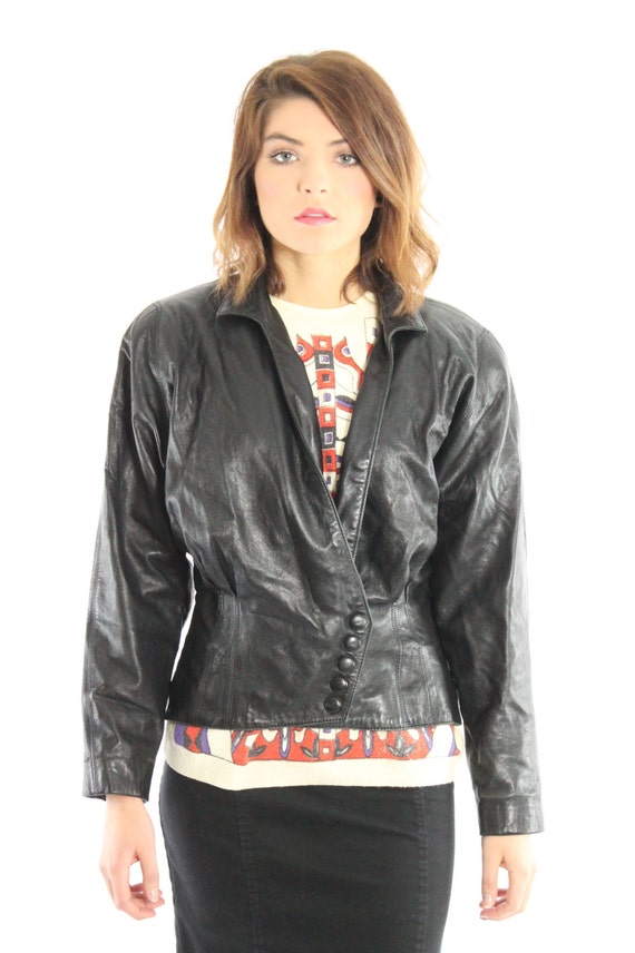 Vintage 80s Black Leather Jacket Medium M - image 3