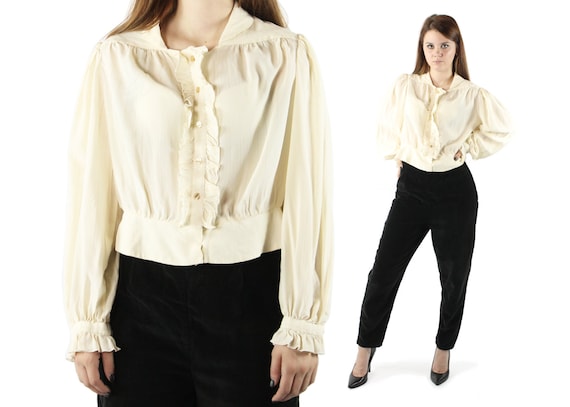 Vintage 40s Ivory Silk Ruffled Poet Blouse 1940s