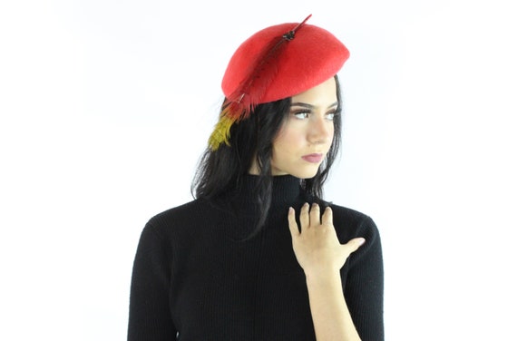 60's Red Wool Beret Feather Hat Vintage 1960's