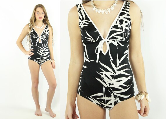 70s One Piece Swimsuit Bathing Suit Swimwear Black