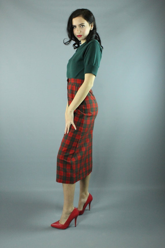 50's Red Green Plaid Pencil Skirt Small S - image 5