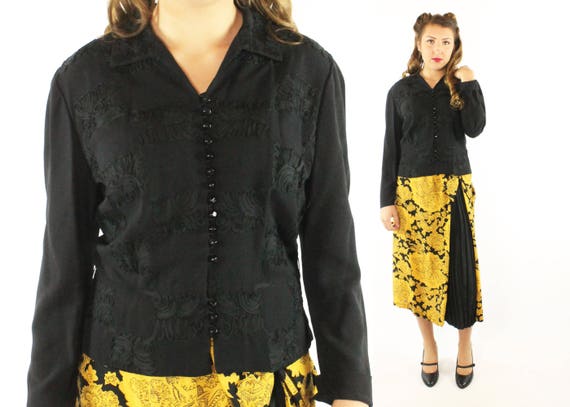 40s Black Long Sleeve Blouse Large - image 1