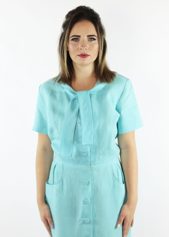 50's Aqua Linen Ascot Dress Medium M - image 4