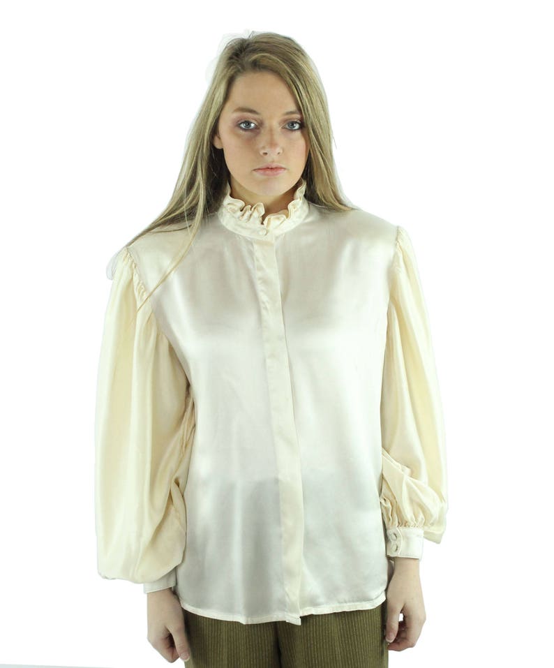 80s Ivory Silk Ruffled Blouse Long Sleeve Shirt Button Up Top | Etsy