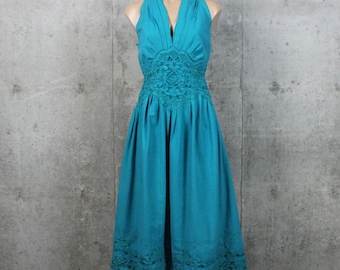 80's Halter Sundress Turquoise Cotton Medium M