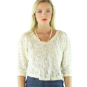 80s Ivory Lace Knit Blouse Medium M