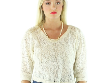 80s Ivory Lace Knit Blouse Medium M