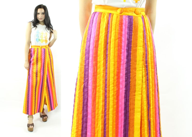 60/'s 70/'s Striped Satin Maxi Skirt Vintage 1960/'s 1970/'s Small S