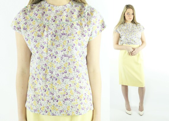 50's Cotton Floral Blouse Small S Medium M - image 1