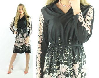 70s Black Floral Dress Small S