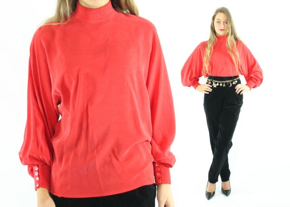 80's Red Silk Blouse Long Sleeve Shirt Vintage 198