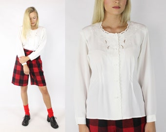 90's White Button Up Blouse Medium M