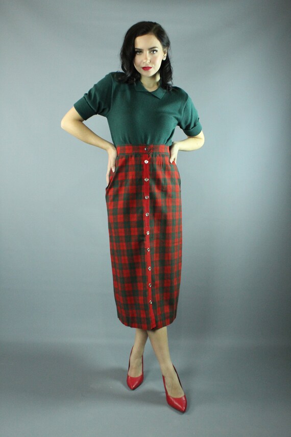 50's Red Green Plaid Pencil Skirt Small S - image 3