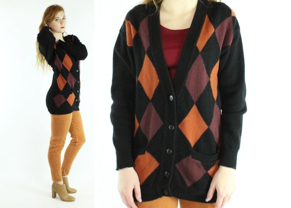 Vintage 80's Argyle Knit Cardigan Sweater 1980's S